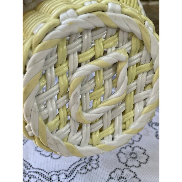 Vintage 1950s Porcelain Openwork Wicker Style Basket Yellow White - Picture 5 of 14